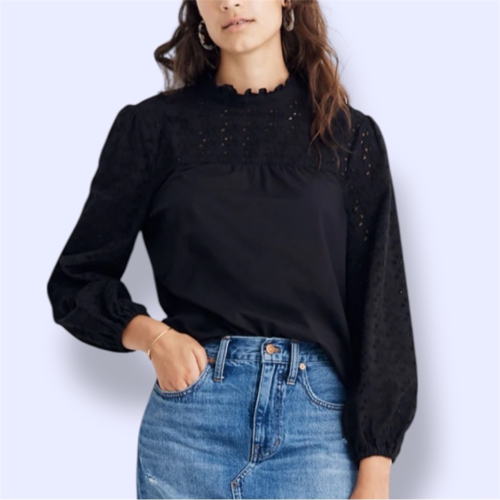 Madewell Pieced Eyelet Mockneck Ruffle Top